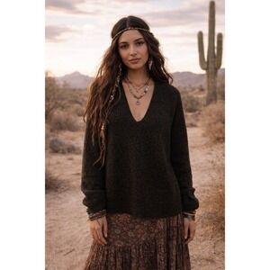 VINCE Merino Wool Cashmere V Neck Sweater Raglan Pullover Green Marled Large